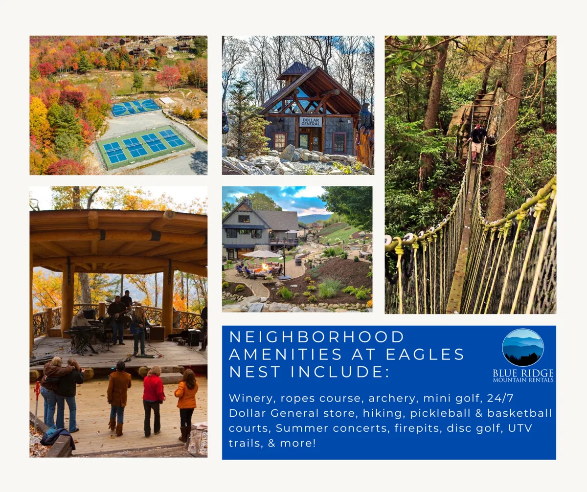 This vibrant exterior scene captures a wide array of resort-style amenities: a ropes course, mini golf area, concert stage, outdoor dining, and hiking trail, all set against a natural landscape. The image is bustling with opportunities for family fun, live entertainment, and outdoor adventure, encapsulating the playful, communal aspects of Eagles Nest during warmer months.